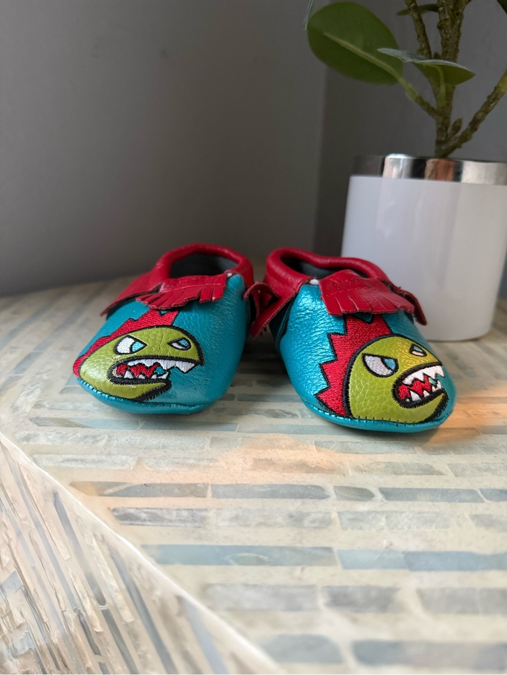 Itzy Ritzy Teal and Red Monster Moccasins